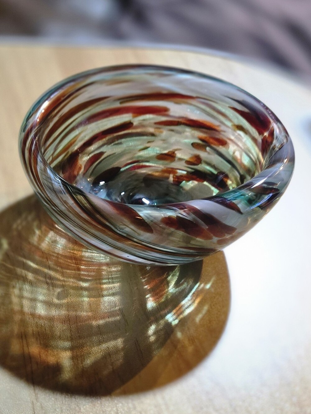 Artisan Handblown Glass Bowl in Amber, Teal, and Brown
